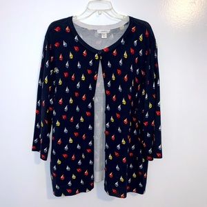 CJ Banks Navy Blue Cardigan with Sailboat Pattern